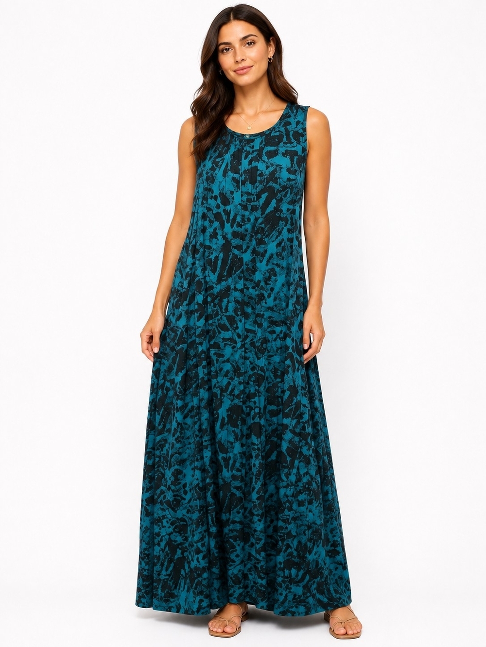 123 Paris Silk Sleeveless Teal and Black Maxi Dress Medium